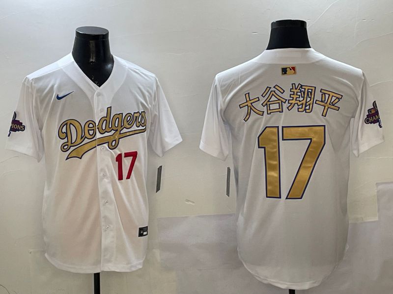 Men Los Angeles Dodgers 17 Ohtani White Champion gold character 2025 Nike MLB Jersey style 17